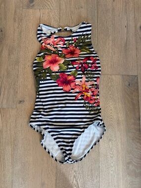 Tommy Bahama Navy & White Striped One-Piece with Tropical Accent